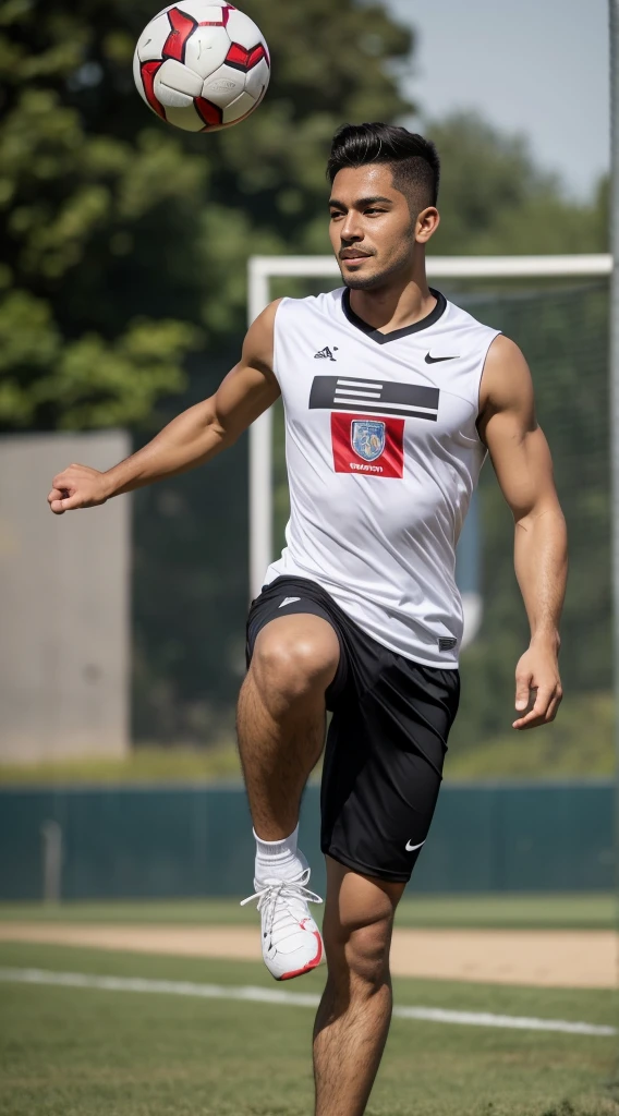 guy, athletic build, Peruvian nationality, happy. in motion, one leg Keepie uppie lower legs with ball, one leg standing straight on the ground, full-length, wearing a white sleeveless T-shirt and black shorts, excellent quality, photo, excellent detail, high quality, , realistic, photography, realism, profile photo