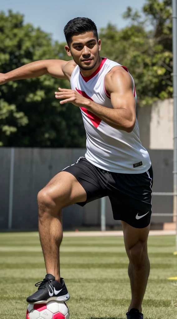 guy, athletic build, Peruvian nationality, happy. in motion, one leg Keepie uppie lower legs with ball, one leg standing straight on the ground, full-length, wearing a white sleeveless T-shirt and black shorts, excellent quality, photo, excellent detail, high quality, , realistic, photography, realism, profile photo