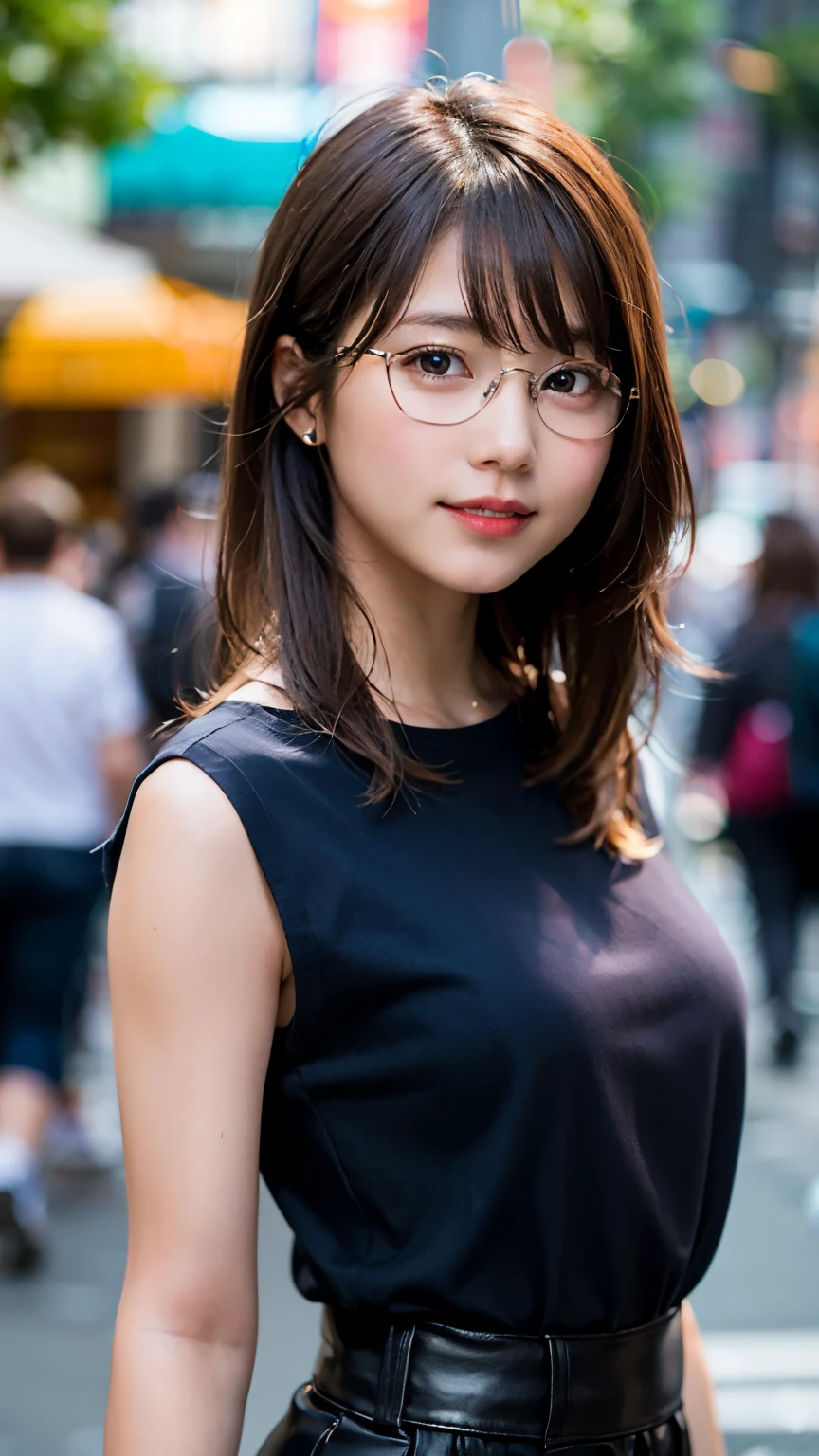 (8K、Raw photography、best quality、A masterpice:1.2)、(Realstic、photorealestic:1.37)、ultra -detailed、ultra-high-resolution、1 girl、see the beholder、Beautiful detailed face、smile on face、Constriction、(Slim waist) :1.3)、shirts、Beautiful detailed skin、Skin texture、Floating hair、Professional lighting、In the street、Glasses、Whole human body、Brown hair