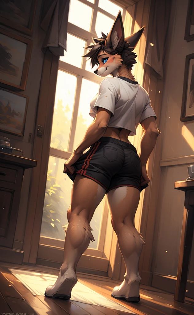 [eevee], [NSFW], [Uploaded to e621.net; (by kenket, Ross Tran, ruan jia, zaush, foxovh, by Zackary911, by hyattlen, by teranen, by fumiko, by Pixelsketcher, by Bayard Wu, by Thomas Benjamin Kennington, by Einshelm, by Kilinah, by Coffeesoda, by Hioshiru, by fluff-kevlar, bye r-mk, by Dimwitdog)], ((masterpiece)), ((high quality)), ((HD)), ((solo portrait)), ((full body)), ((back view)), ((furry; anthro)), ((detailed fur)), ((detailed shading)), ((beautiful render art)), ((intricate details)), {anthro; light beige fur, black nose, ( blue surprised eyes), (gorgeous hourglass body), (thick thighs), (beautiful legs), (blushing), (smug smirk)}, {(white tee shirt red lining), (nipple outline), (tight asshole), (balls), (erected), (cute erection), (midriff), (undressing shorts), (undressing show), {(standard), (hands resting on waist), (looking up at viewer)}, [background; (hallway), (window), (sun rays))]