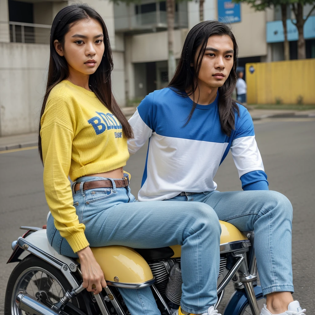 an Indonesian man, short slick-back hair, wearing a blue t-shirt and retro patterned jacket color is blue, wearing blue jeans, wearing white shoes, and an asian woman long hair, wearing yellow sweater, black jean adn whit shoes, riding a shiny blur color motorbike, wearing a classic shiny white helmet, urban background, HD quality