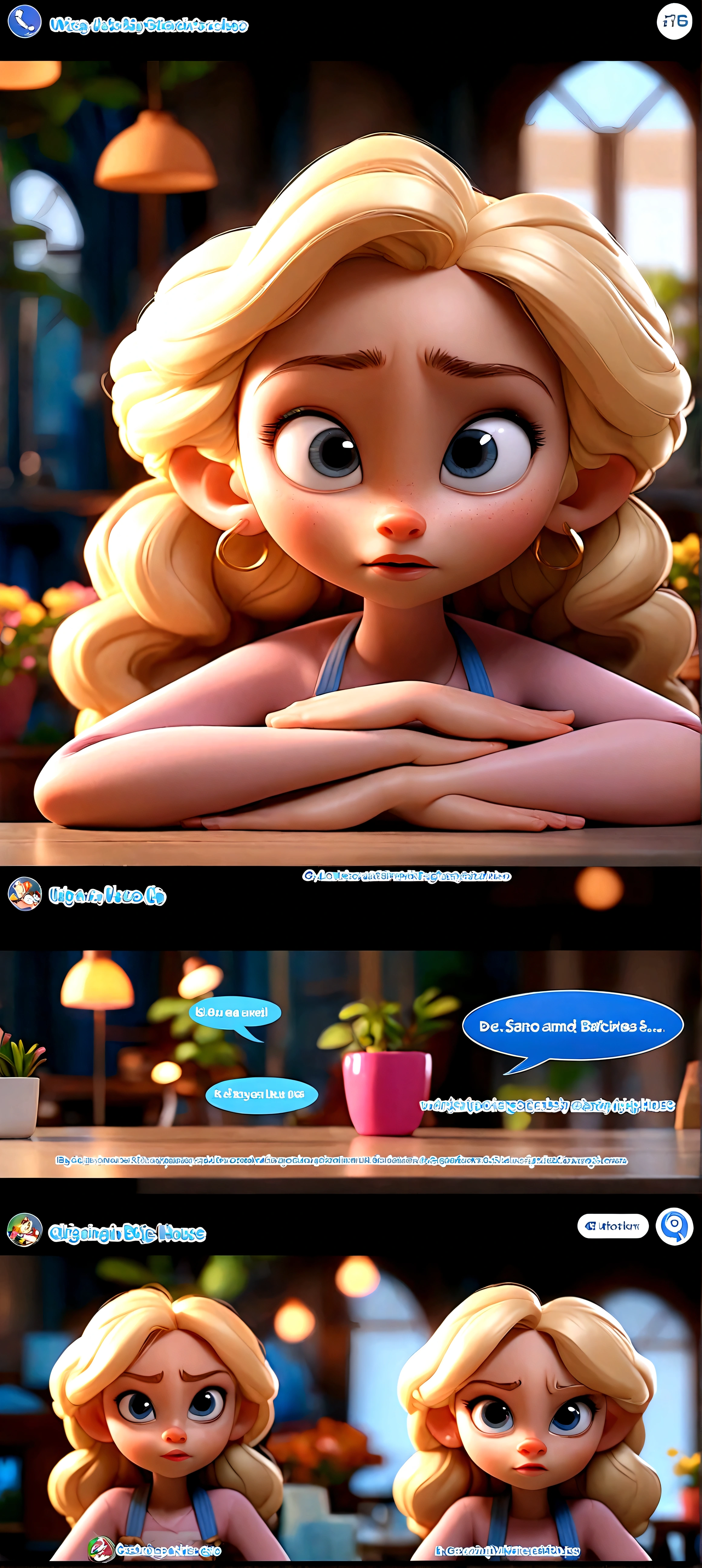 de 5 anos, branca, baixinha, magrinha, big, blue eyes in the style of Gabby from the Magic House with the main characters of the cartoon