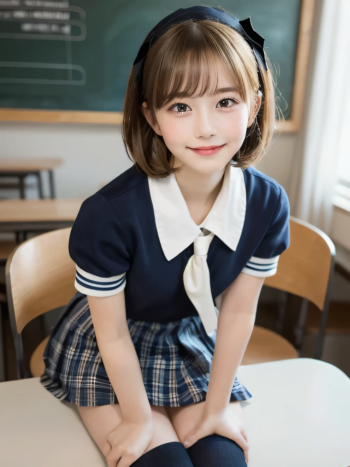 (Highest quality,High resolution,masterpiece:1.3),Tabletop、((Blonde)),Highest quality、figure、 Super detailedな、High resolution、8k wallpaper、Perfect dynamic composition,、Beautiful attention to detail、Natural color lip、Bold sexy pose、smile、、cute、sexy shot looking at camera、(Highest quality: 1.3), (masterpiece: 1.3), (Super detailed: 1.3), (wallpaper, One Girl: 1.1), (Detailed hands and fingers:1.2)、(Ultra-oily, lustrous skin with attention to detail:1.1)、Oily shiny knee socks、(The perfect school girl uniform:1.3)、Sailor suit、(Beautiful small breasts:1.3)、(Red checkered mini skirt:1.2)、Blonde、Short Bob Hair、Beautiful sister、Light blue wall、very cute、Are standing、