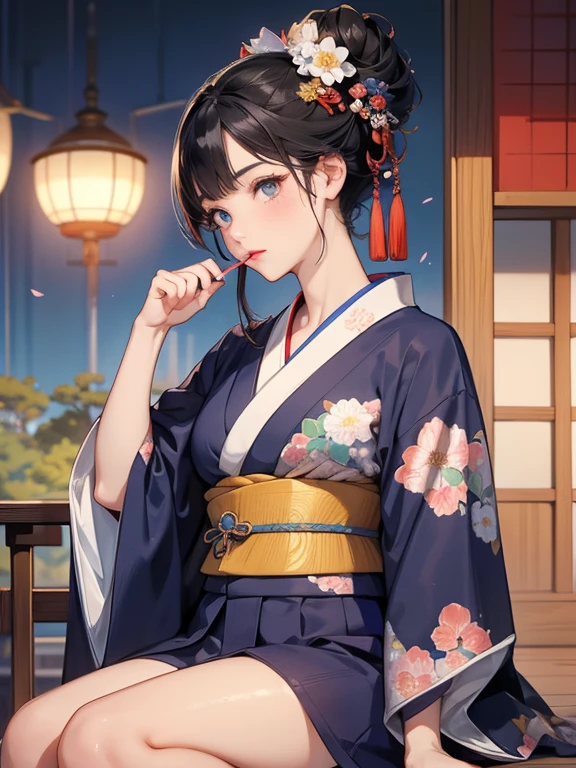 (Highest quality、masterpiece、High resolution、8K)、Ukiyo-e、Utamaro、Vibrant colors、A town girl from the Edo period、whole body、Utamaroの絵のモデル,Her hair is black and beautifully tied in a round topknot.、Decoration、The kimono is a Japanese style outfit with a colorful floral pattern.、Sitting upright 、Applying lipstick to one&#39;s lips、lips ajar、Official Art、Japanese-style room、It is a tatami room.There is a lantern placed、