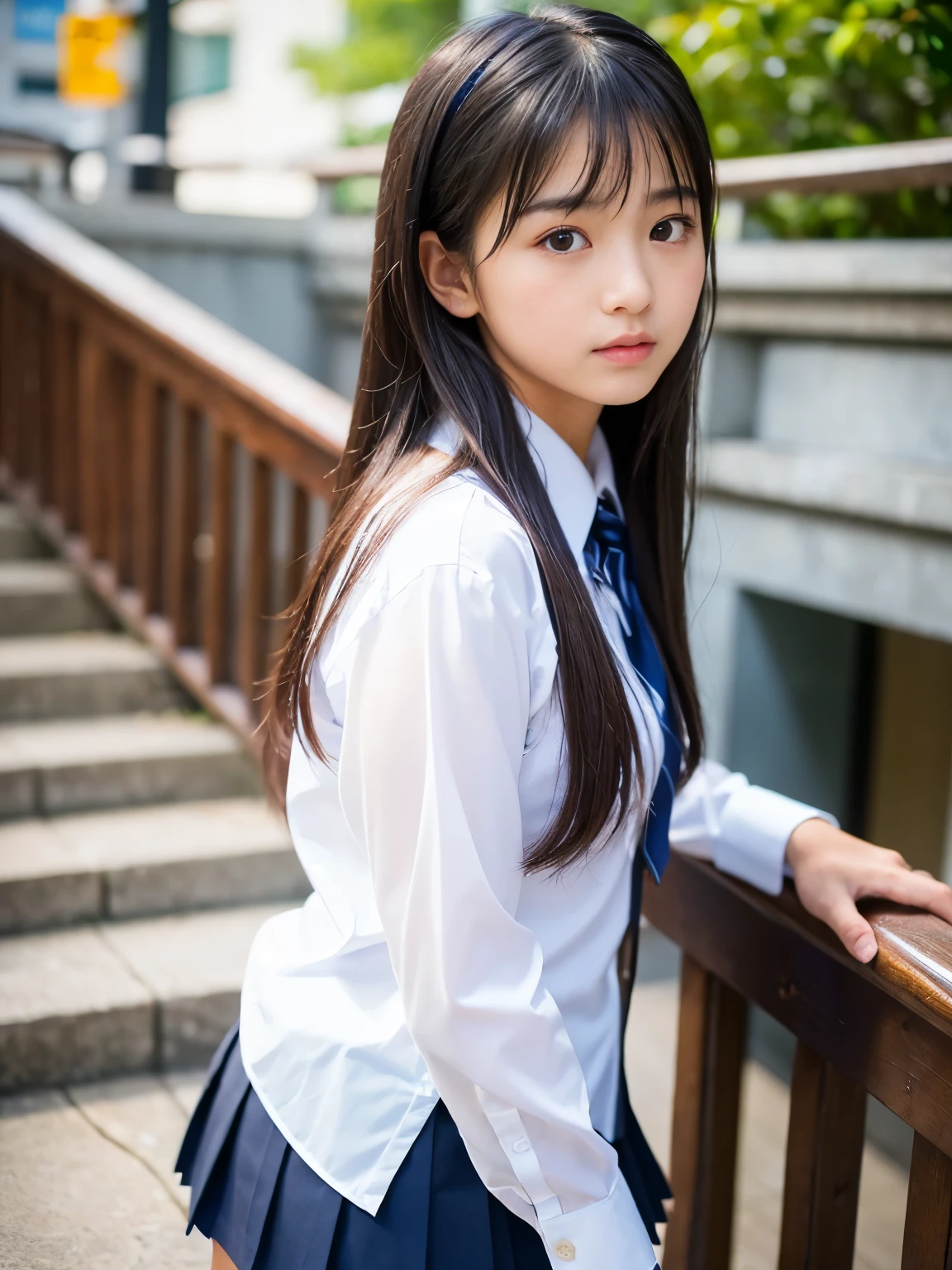 (Best-quality, Masterpiece, Ultra-High-Resolution, (Photorealistic:1.4), Raw Photo, depth of field, professional lighting, perfect anatomy, extremely details), 1girl, 15-years-old, the most famous Japanese idol, (((from below))), (standing on stairs of Japanese high-school), ((looking down)), (extremely cute face like the most popular Japanese idol, ((extremely cute and extremely big black-eyes)), extremely beautiful black-long-hair), (((extremely realistic and extremely beautiful skins))), extremely cute long-eyelashes, extremely cute lips, extremely cute thighs), (wearing summer-high-school-uniform-white-shirt, summer-high-school-uniform-navy-blue-pleated-skirt, cute-lacy white-underwear)