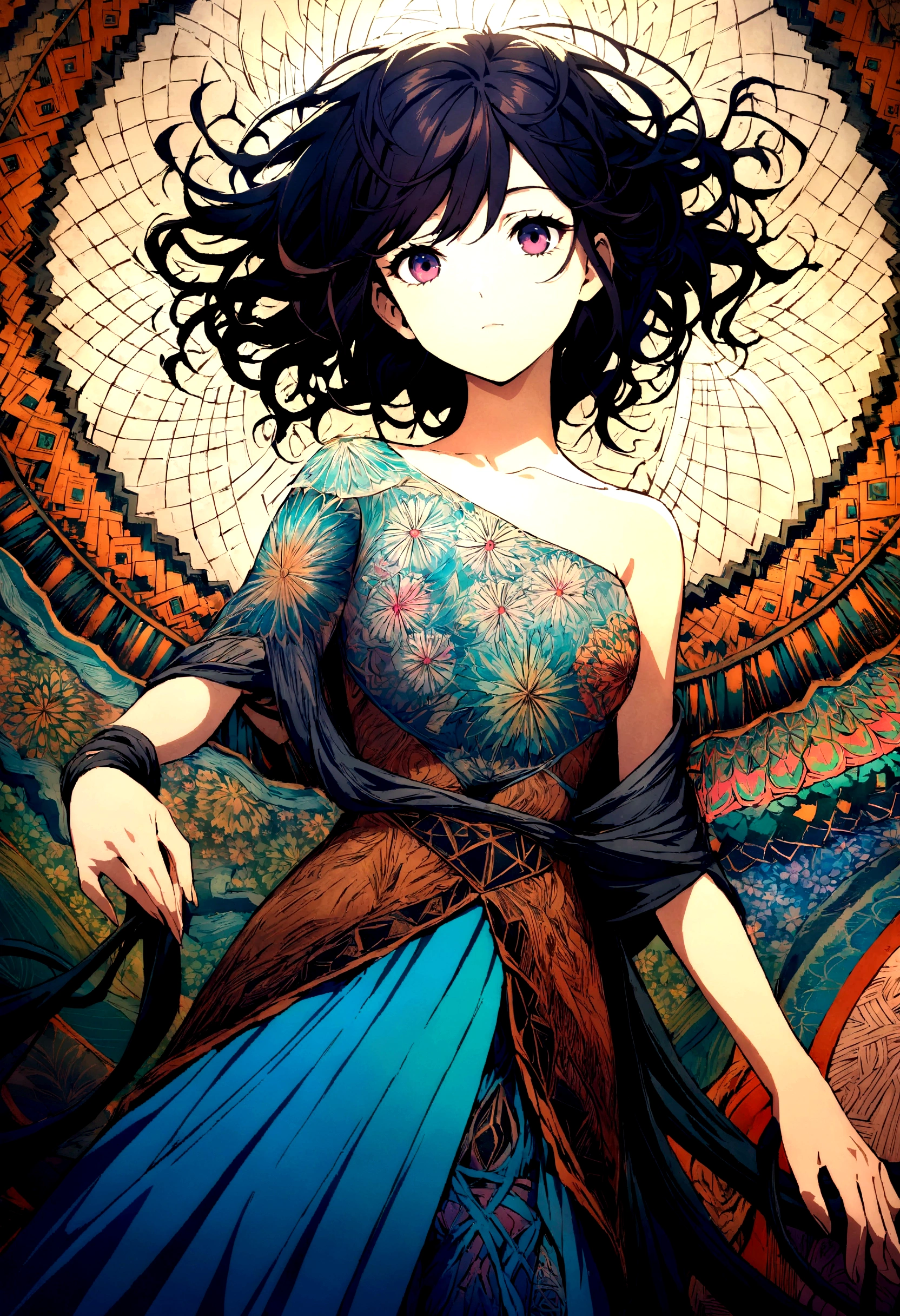Official Art, Unity Wallpaper, Super detailed, beautiful and aesthetic, beautiful, masterpiece, Highest quality, (zenTangle, Mandala, Tangle, enTangle), (Flower Ecstasy:1.2) Dynamic Angle, Cowboy Shot, the most beautiful form of chaos, elegant, Brutalist design, Vibrant colors, Romanticism, Atmospheric,woman