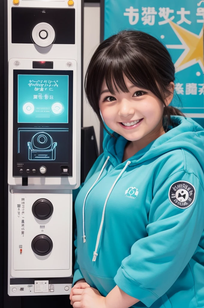 Anime style illustrations、A short and slightly chubby girl、名前はSakaguchi。She is grinning as she presses the button for the nuclear bomb.。Her name is revealed on the clothes and background.「Sakaguchi」it is written like this。
