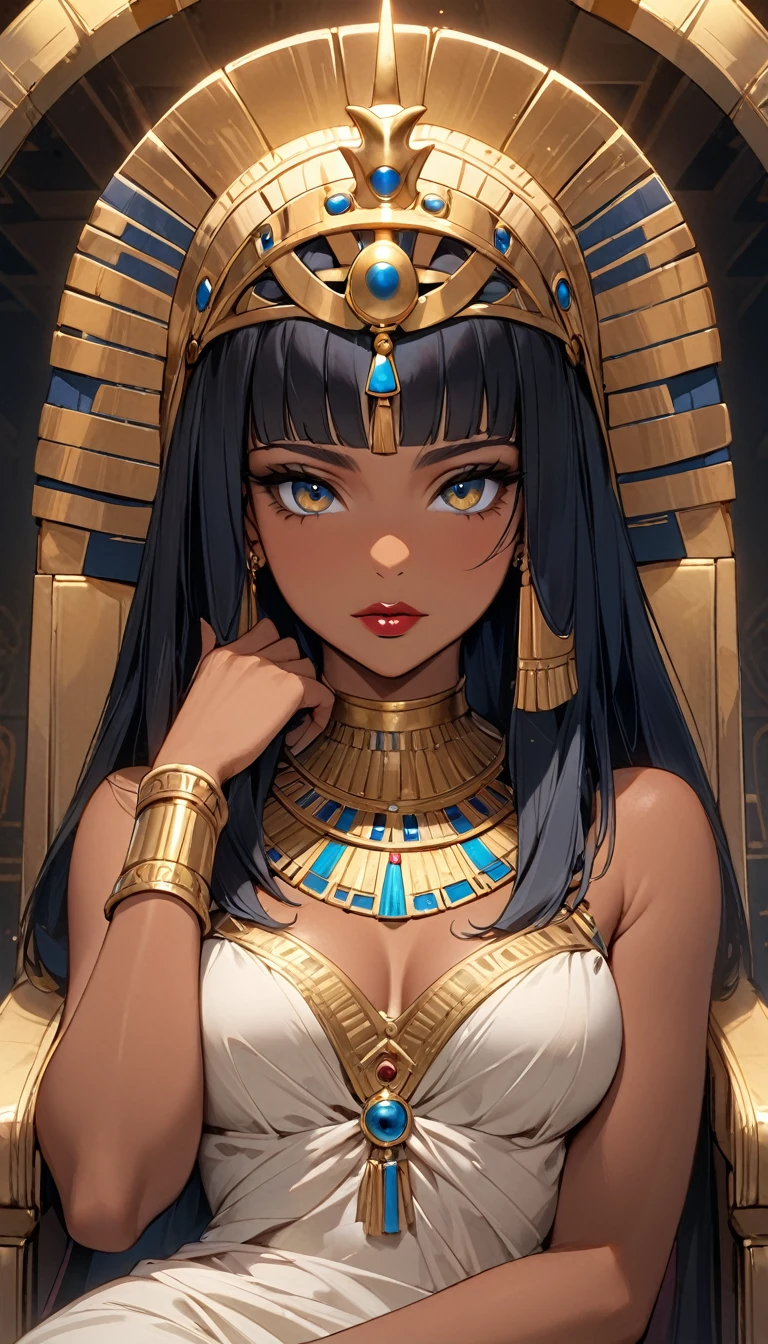 ((best quality)), ((masterpiece)), (detailed face and eyes), perfect face, accurate, textured skin, high details, highres, Cleopatra, queen of ancient Egypt, in silk dress, jewelled crown, lipstick, cowboy shot, Tanned skin, brown skin, throne