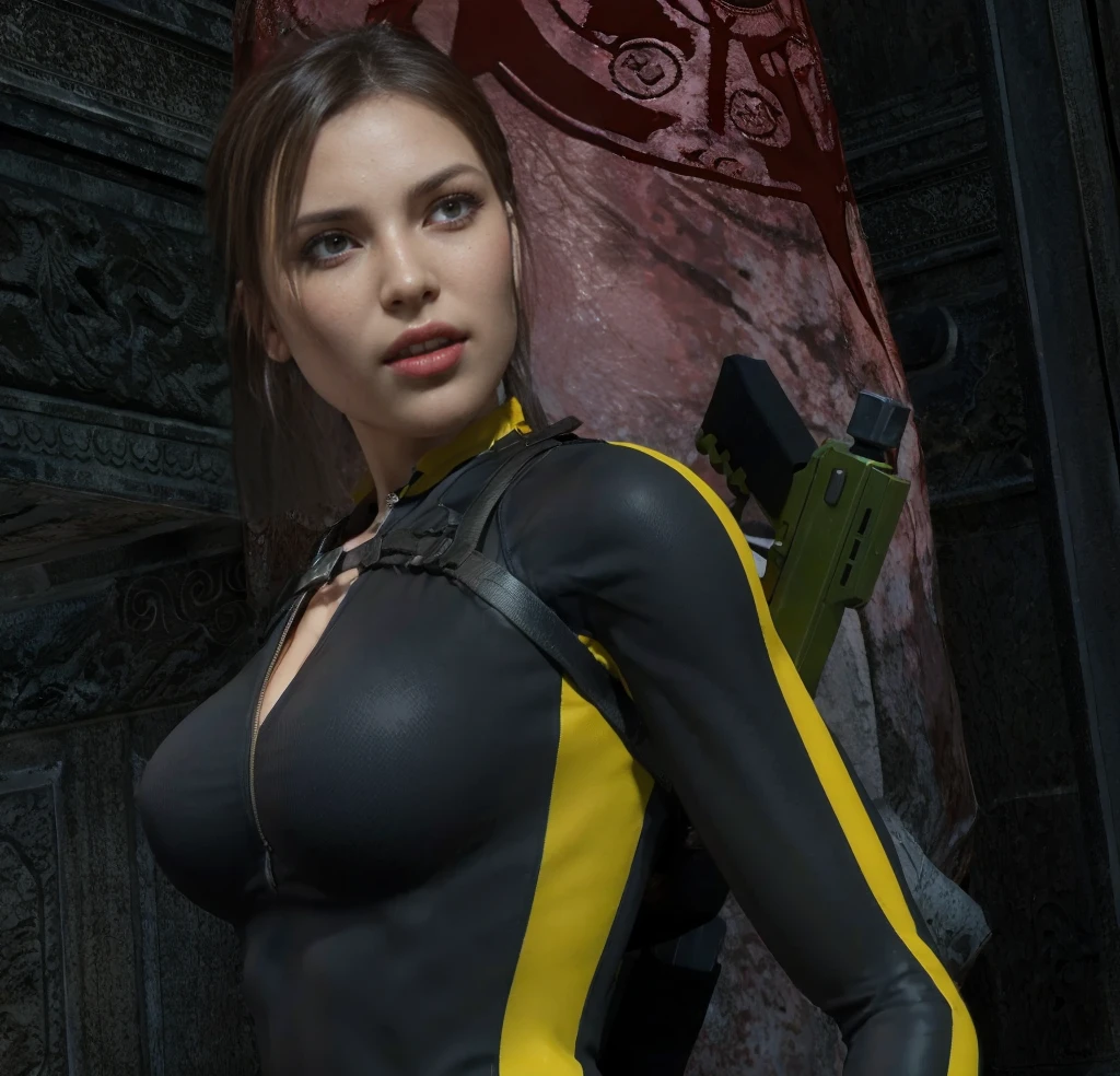 Lara Croft, brown eyes, (best quality, ultra-detailed), (realistic:1.37), beautiful and detailed face, ultra-realistic texture, delicate face, delicate body, red lipstick, bright colors. high definition, 8K, angy expression