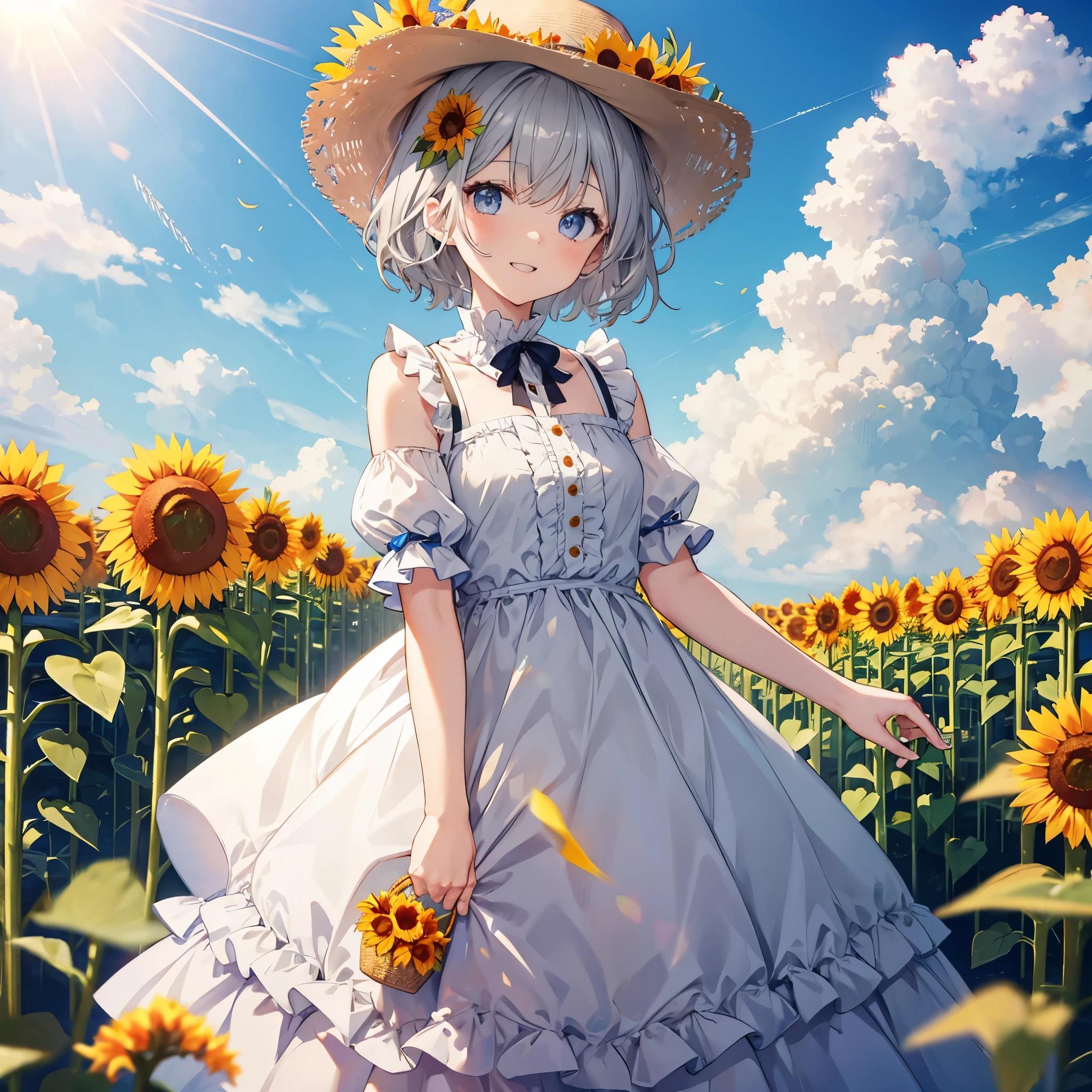 ((((Frilly clothes　Sunflower field))))　(((Gray Hair　short hair　blue eyes　woman)))，((Blowing in the Wind　sunlight　sun　cloud))，(Wearing a hat　Beige clothes　smile)，　Showing teeth　Shining Background　Shining Edges