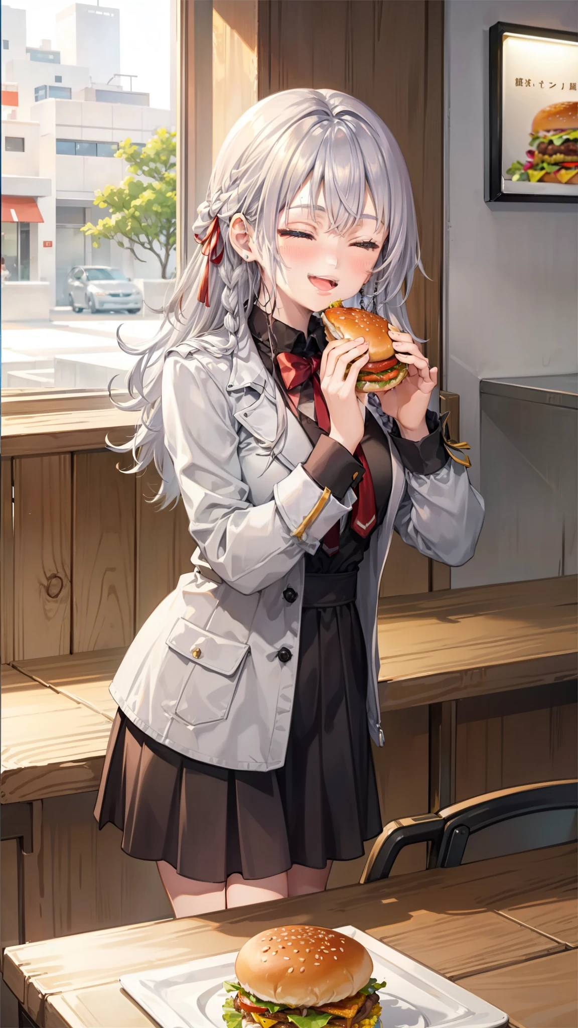 1 beauty,, high school girl, puffy eyes, (happy smile), long eyelashes, blush, silver hair perm (red braid in right hair), at fast food restaurant table, (eyes closed, mouth wide open with smile), (nibbling hamburger with both hands), (eating neatly).