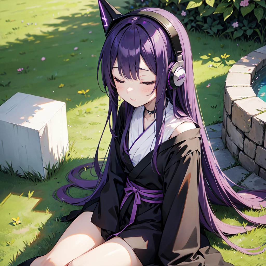 1 person. Anime girl with long purple hair and black robe. Pointy ears. Cute as in manga. Sitting on grass with eyes closed. Headphones.