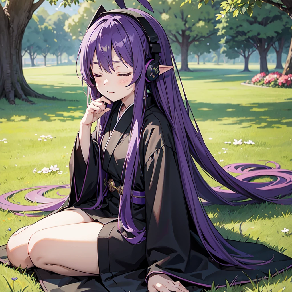 1 person. Anime girl with long purple hair and black robe. Pointy ears. Cute as in manga. Sitting on grass with eyes closed. Headphones.