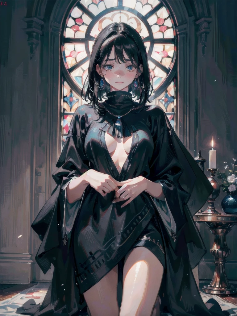 absurdres, RAW photo, extremely delicate and beautiful, masterpiece, Best Quality, ultra high resolution, 32k, hyperrealistic, ultra-detailed, delicate facial features, beautiful detailed woman, tearful mole, earring, medium breasts, full body shot, medium hair, black hair, solo, alone, (Tribe poncho),