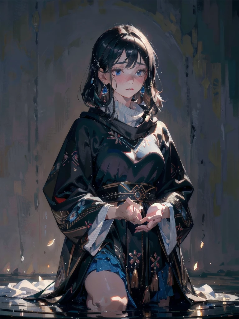 absurdres, RAW photo, extremely delicate and beautiful, masterpiece, Best Quality, ultra high resolution, 32k, hyperrealistic, ultra-detailed, delicate facial features, beautiful detailed woman, tearful mole, earring, medium breasts, full body shot, medium hair, black hair, solo, alone, (Tribe poncho),