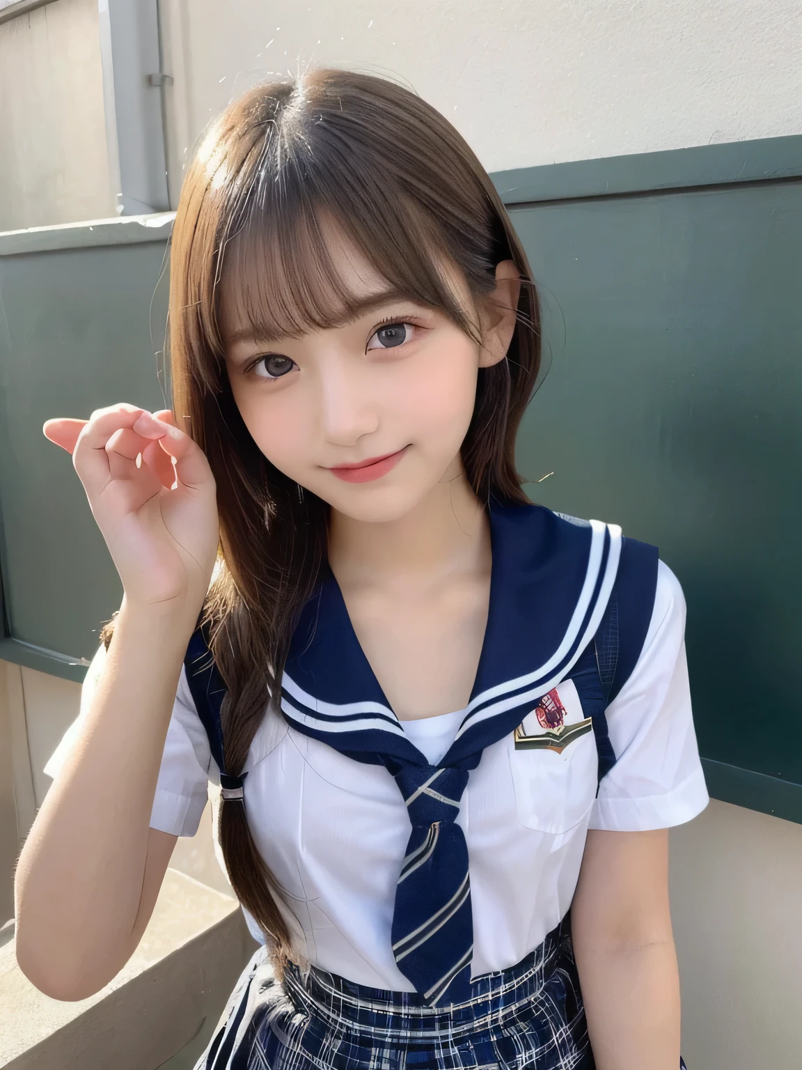 （Highest quality，High resolution，masterpiece：1.3），Tabletop、((Blonde)),Highest quality、figure、 Super detailedな、High resolution、8k wallpaper、Perfect dynamic composition,、Beautiful attention to detail、Natural color lip、Bold sexy pose、smile、12-year-old girl、cute、sexy shot looking at camera、(Highest quality: 1.3), (masterpiece: 1.3), (Super detailed: 1.3), (wallpaper, One Girl: 1.1), (Detailed hands and fingers:1.2)、(Ultra-oily, lustrous skin with attention to detail:1.1)、Oily shiny knee socks、(The perfect school girl uniform:1.3)、Sailor suit、(Beautiful small breasts:1.3)、(Red checkered mini skirt:1.2)、Blonde、Short Bob Hair、Beautiful sister、Light blue wall、very cute、Are standing、