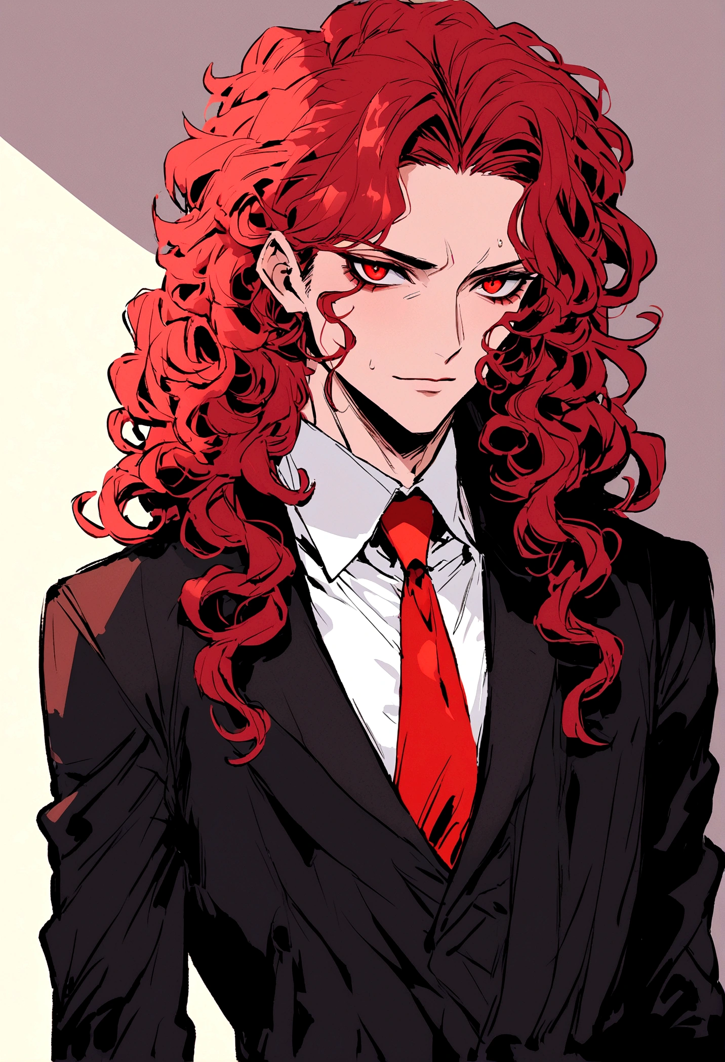 Curly Haired, red eyed Ruthless impression in a suit 30 year old man