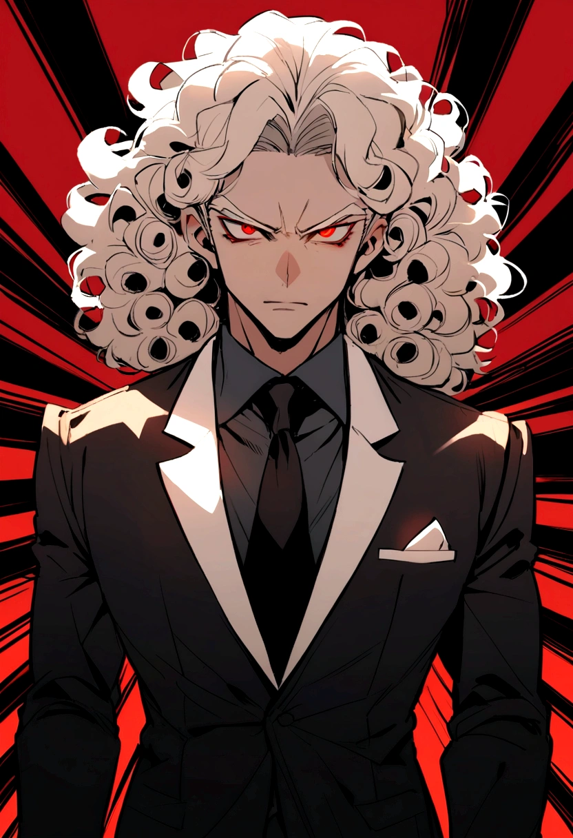 Curly Haired, red eyed Ruthless impression in a suit 30 year old man