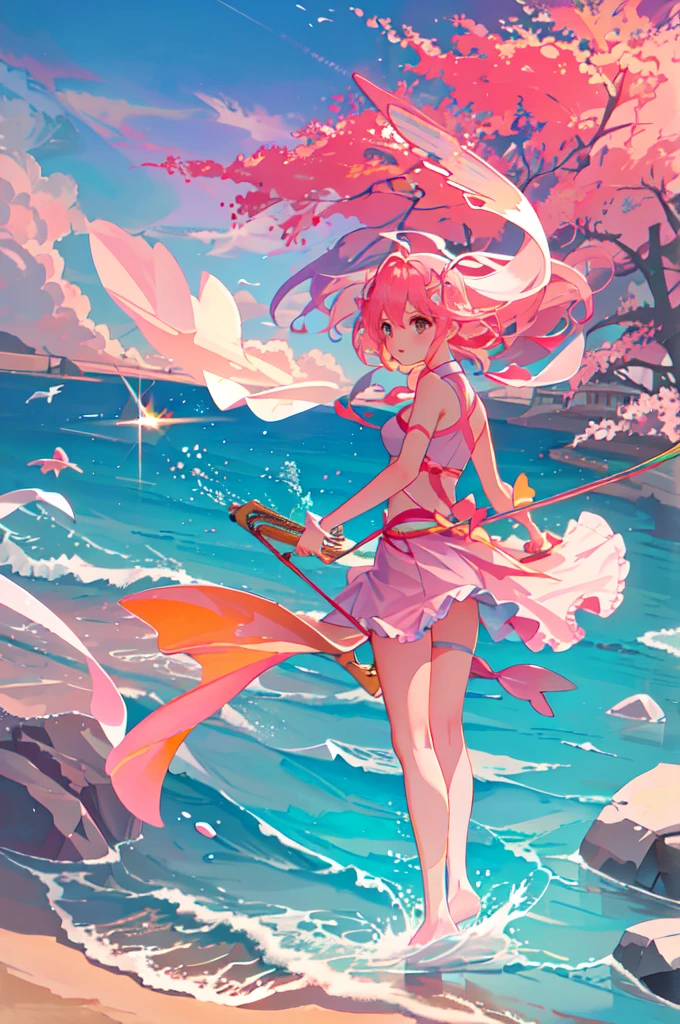 Sakura (Naruto) Sakura haruno ,pink hair, pink bikini, full body, thighshighs ,blossom background pink skirt 