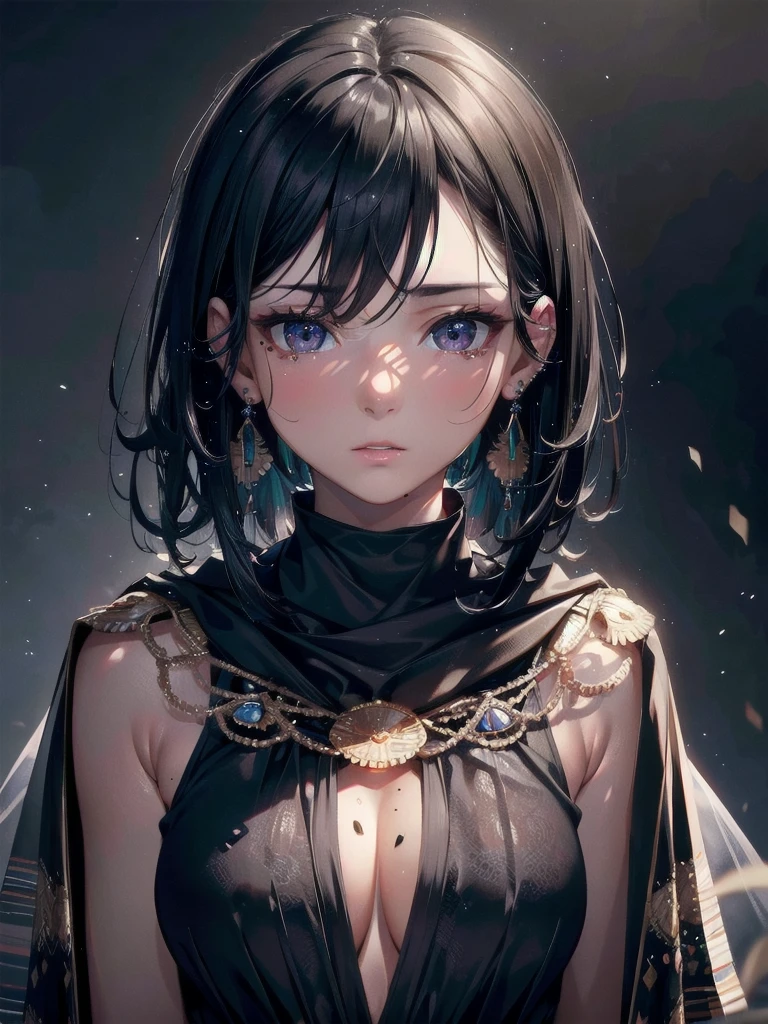 absurdres, RAW photo, extremely delicate and beautiful, masterpiece, Best Quality, ultra high resolution, 32k, hyperrealistic, ultra-detailed, delicate facial features, beautiful detailed woman, tearful mole, earring, medium breasts, full body shot, medium hair, black hair, solo, alone, (Tribe poncho),