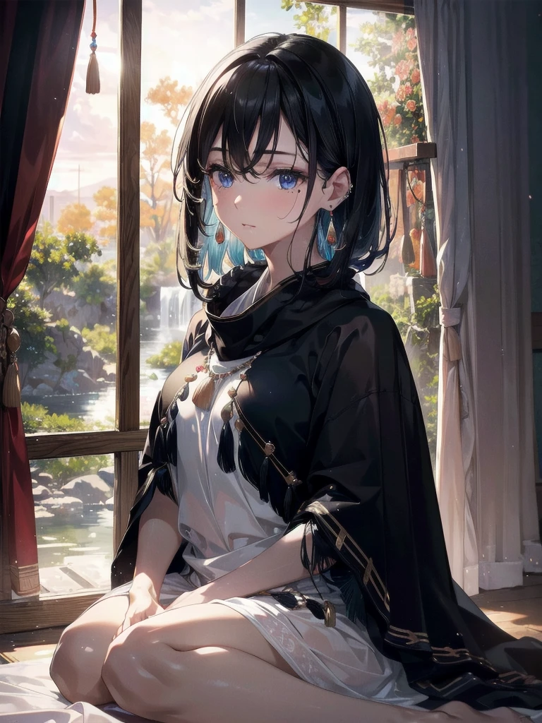 absurdres, RAW photo, extremely delicate and beautiful, masterpiece, Best Quality, ultra high resolution, 32k, hyperrealistic, ultra-detailed, delicate facial features, beautiful detailed woman, tearful mole, earring, medium breasts, full body shot, medium hair, black hair, solo, alone, (Tribe poncho),