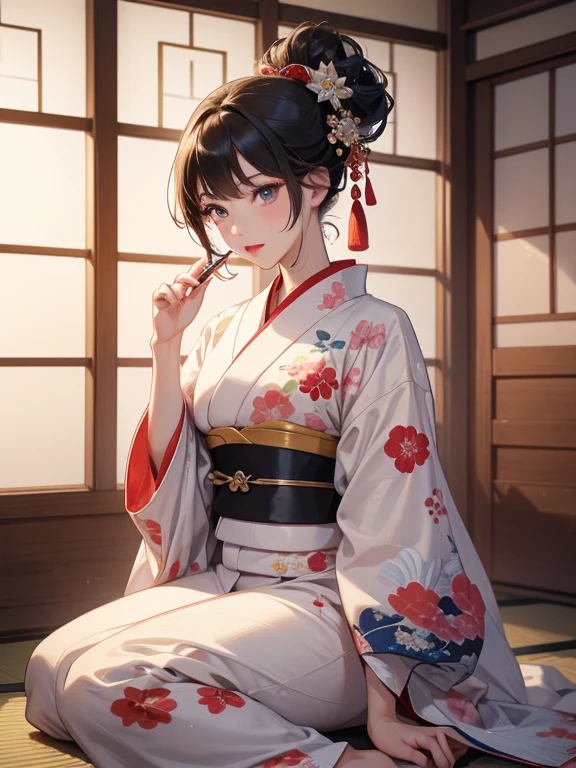 (Highest quality、masterpiece、High resolution、8K)、Ukiyo-e、Utamaro、Vibrant colors、A town girl from the Edo period、whole body、Utamaroの絵のモデル,Her hair is black and beautifully tied in a round topknot.、Decoration、The kimono is a Japanese style outfit with a colorful floral pattern.、Sitting upright 、Applying lipstick to one&#39;s lips、lips ajar、Official Art、Japanese-style room、It is a tatami room.There is a lantern placed、