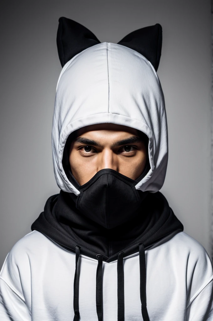 Black back ground a person with black hoodie and his hood on who is wearing a white mask with black x shaped forms eyes