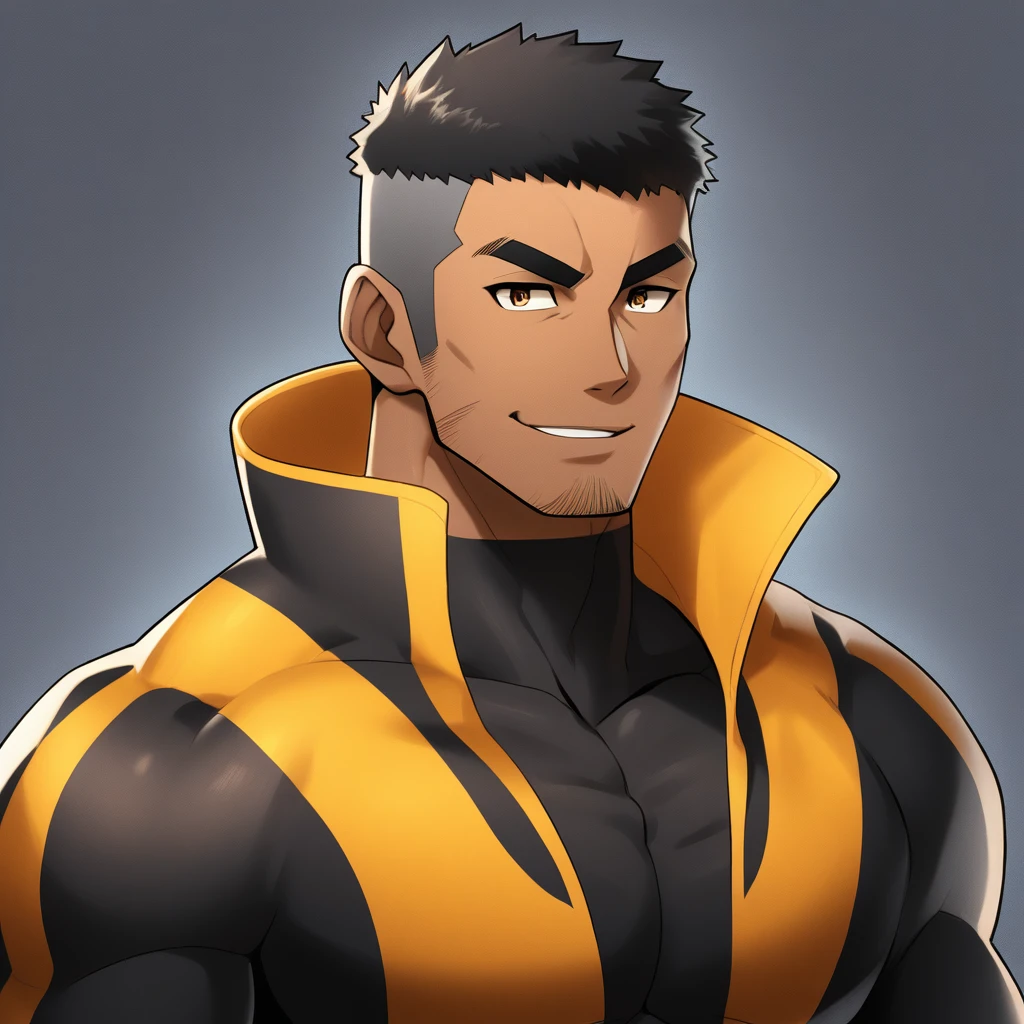 anime characters:Gyee, Muscle Sports Student, negro black skin, 1 dark skin muscular tough guy, Manliness, male focus, Dark Brown high collar long sleeve wetsuit, Matte texture, Very tight, Round, full and perky chest muscles, Slightly transparent, muscular male, muscular, only, Upper body, alone, Black short hair, Thick eyebrows, stubble, Brown eyes, Grey background, simple background, amazing quality, best aesthetics, Ridiculous, bright pupils, crew cut, parted lips, seductive smile, torogao, naughty face, best quality