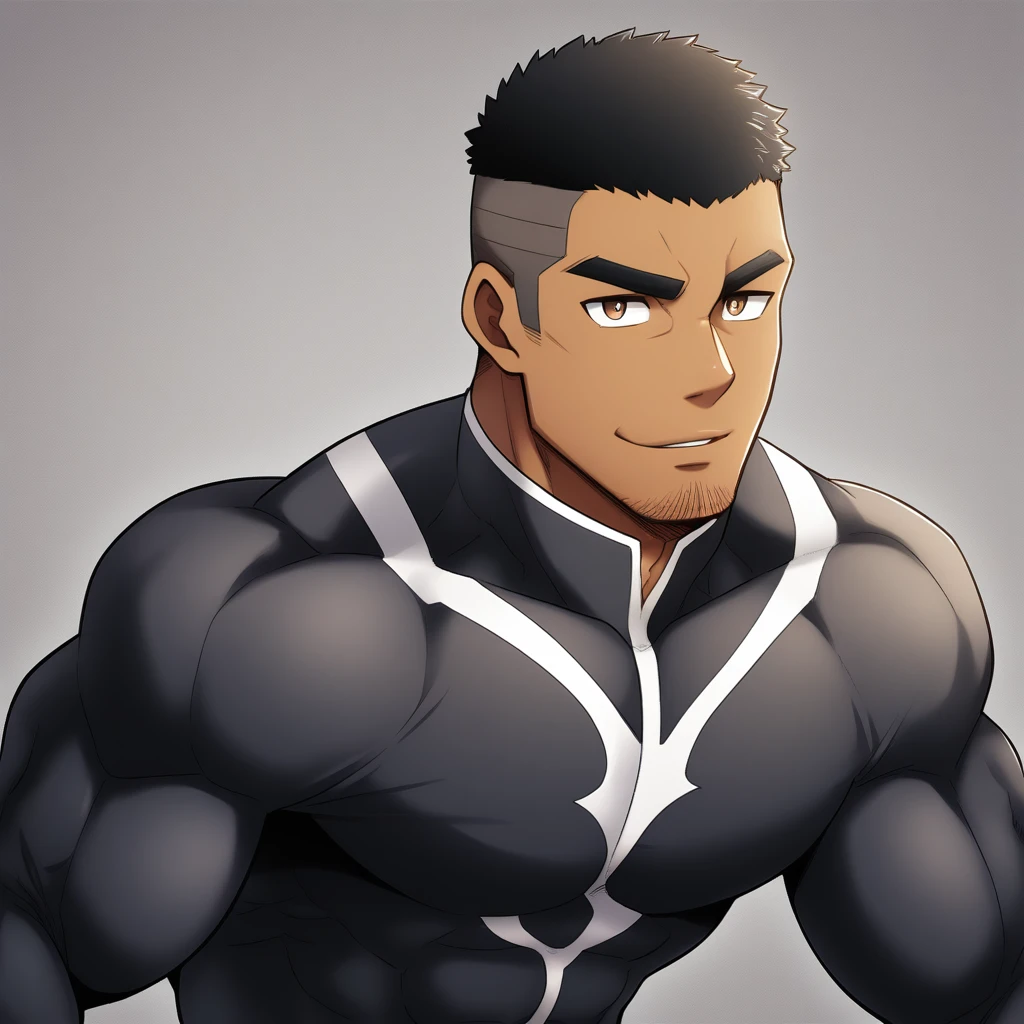 anime characters:Gyee, Muscle Sports Student, negro black skin, 1 dark skin muscular tough guy, Manliness, male focus, Dark Brown high collar long sleeve wetsuit, Matte texture, Very tight, Round, full and perky chest muscles, Slightly transparent, muscular male, muscular, only, Upper body, alone, Black short hair, Thick eyebrows, stubble, Brown eyes, Grey background, simple background, amazing quality, best aesthetics, Ridiculous, bright pupils, crew cut, parted lips, seductive smile, torogao, naughty face, best quality