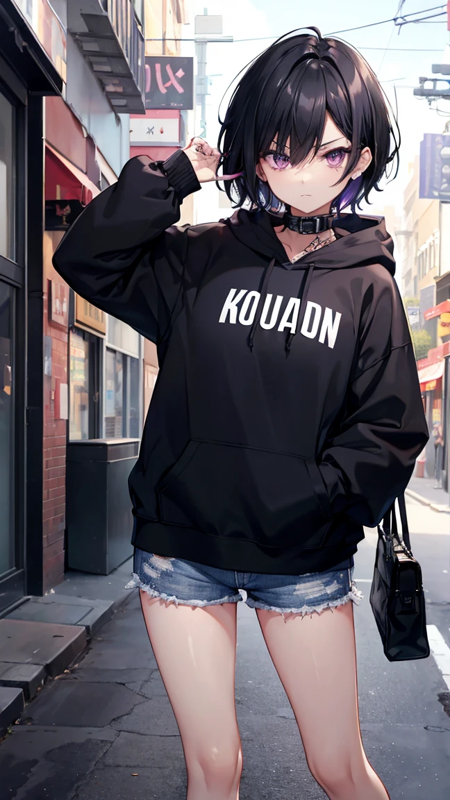 High resolution,high resolution,Girl,Black Hair,Short Hair,Purple Eyes,Slanted Eyes,Bad mood,boyish,slender,Toned body,Street,hoodie,Tattoo,Food,Shorts,Black Mask