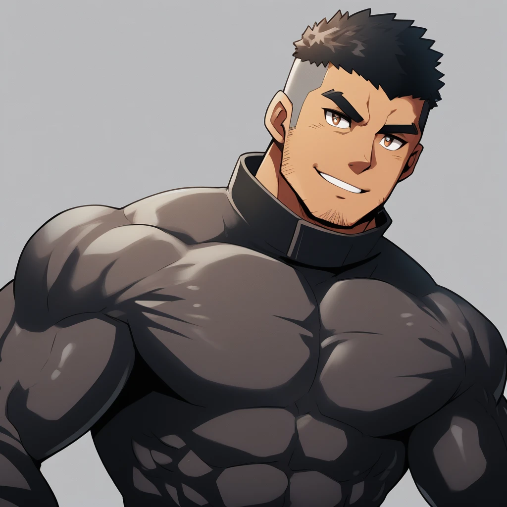 anime characters:Gyee, Muscle Sports Student, negro black skin, 1 dark skin muscular tough guy, Manliness, male focus, Dark Brown high collar long sleeve wetsuit, Matte texture, Very tight, Round, full and perky chest muscles, Slightly transparent, muscular male, muscular, only, Upper body, alone, Black short hair, Thick eyebrows, stubble, Brown eyes, Grey background, simple background, amazing quality, best aesthetics, Ridiculous, bright pupils, crew cut, parted lips, seductive smile, torogao, naughty face, best quality