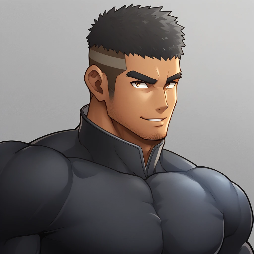 anime characters：Gyee, Muscle Sports Student, negro black skin, 1 dark skin muscular tough guy, Manliness, male focus, Dark Brown high collar long sleeve wetsuit, Matte texture, Very tight, Round, full and perky chest muscles, Slightly transparent, muscular male, muscular, only, Upper body, alone, Black short hair, Thick eyebrows, stubble, Brown eyes, Grey background, simple background, amazing quality, best aesthetics, Ridiculous, bright pupils, crew cut, parted lips, seductive smile, torogao, naughty face,  best quality