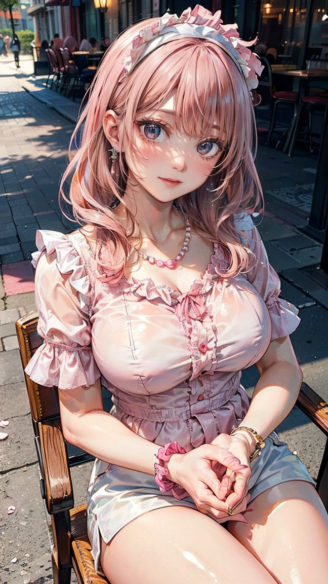 (Masterpiece, BestQuality:1.3), (ultra detailed:1.2), (hyperrealistic:1.3), (RAW photo:1.2), High detail RAW color photo, professional photograph, (Photorealistic:1.4), (realistic:1.4), professional lighting, perfect anatomy, (Big Breasts:1.2), (blush, detailed face), (cheerful Smile:1.5), (Pink Hair:1.5), Trending Hair&Trending Hairカラーをランダムに, earrings, necklace, bracelet, sexly, erotic sexly, Random sexy gravure poses, (Beautiful woman wearing a baby pink ruffled blouse and white shorts、Relaxed look on the cafe terrace、Pearl Necklace、Pose of sitting on a chair and crossing your legs。: 1.3)