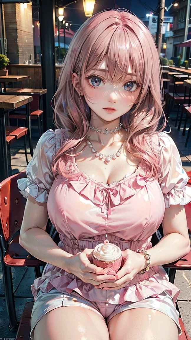 (Masterpiece, BestQuality:1.3), (ultra detailed:1.2), (hyperrealistic:1.3), (RAW photo:1.2), High detail RAW color photo, professional photograph, (Photorealistic:1.4), (realistic:1.4), professional lighting, perfect anatomy, (Big Breasts:1.2), (blush, detailed face), (cheerful Smile:1.5), (Pink Hair:1.5), Trending Hair&Trending Hairカラーをランダムに, earrings, necklace, bracelet, sexly, erotic sexly, Random sexy gravure poses, (Beautiful woman wearing a pink ruffled blouse and white shorts、Relaxed look on the cafe terrace、Pearl Necklace、Pose of sitting on a chair and crossing your legs。: 1.3)