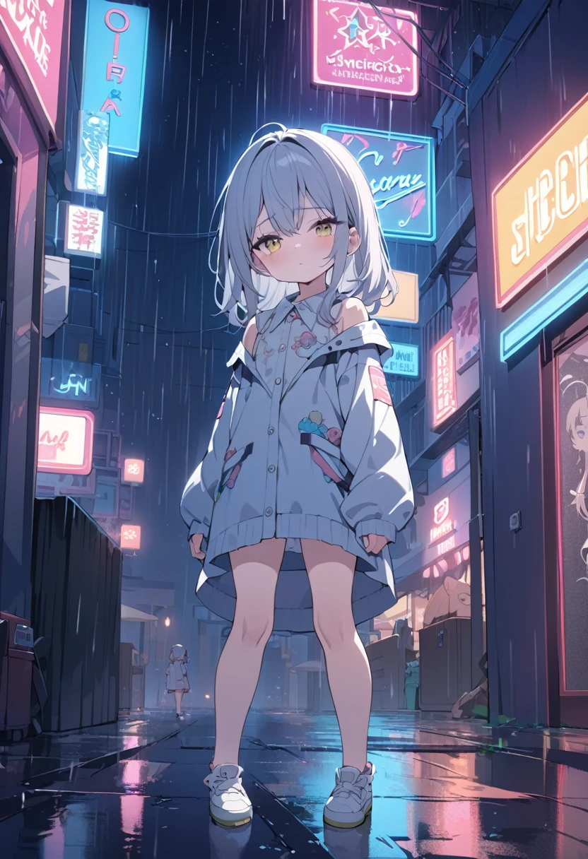 ((Best quality)), ((masterpiece)), (detailed), Anime girl, аниме night sky, stars, full length, poor lighting, neon light, rain, child, night sky, stars