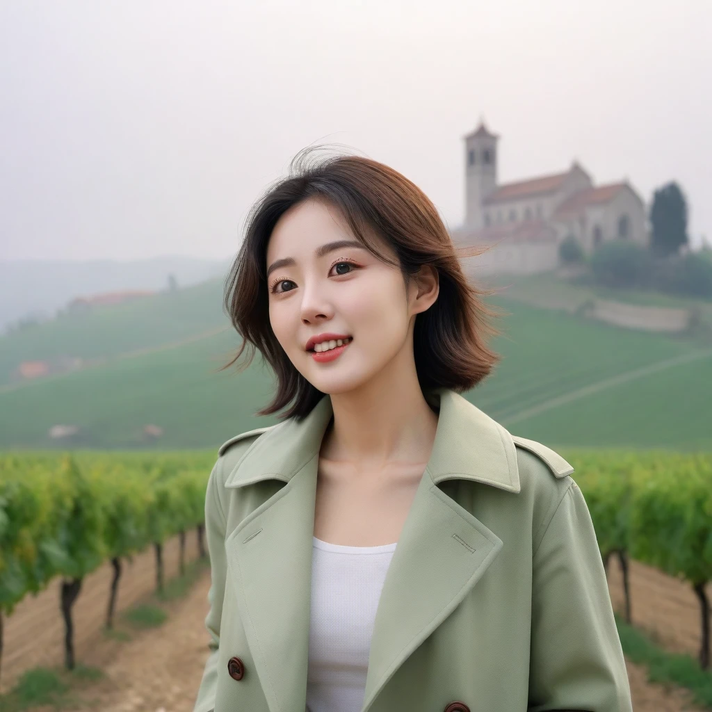 k Best picture quality, Beautiful 36-year-old Korean woman, You have good skin and big and pretty eyes... clear and nice weather. Chest size 34 inches, italian countryside, past the vineyard, The cathedral can be seen in the distance in thick fog.., The back background is realistic and vivid quality., Short and medium hair blowing in the wind, Wearing a light green trench coat over a knit. beige casual pants, laugh. the background is clear, Short and slim Korean woman, stand far away, Photo taken with a wide-angle lens, One woman with big and pretty eyes, eyes are round and big