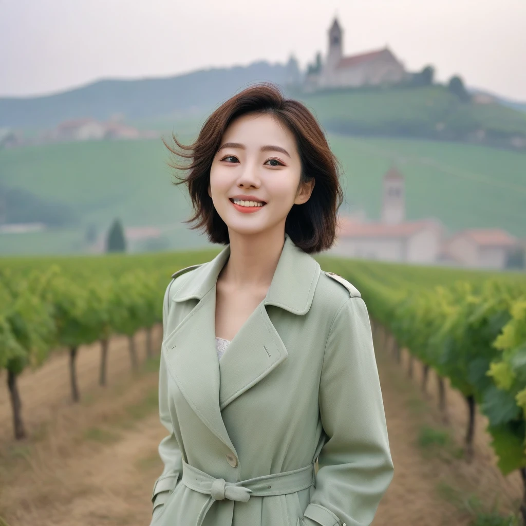 k Best picture quality, Beautiful 36-year-old Korean woman, You have good skin and big and pretty eyes... clear and nice weather. Chest size 34 inches, italian countryside, past the vineyard, The cathedral can be seen in the distance in thick fog.., The back background is realistic and vivid quality., Short and medium hair blowing in the wind, Wearing a light green trench coat over a knit. beige casual pants, laugh. the background is clear, Short and slim Korean woman, stand far away, Photo taken with a wide-angle lens, One woman with big and pretty eyes, eyes are round and big