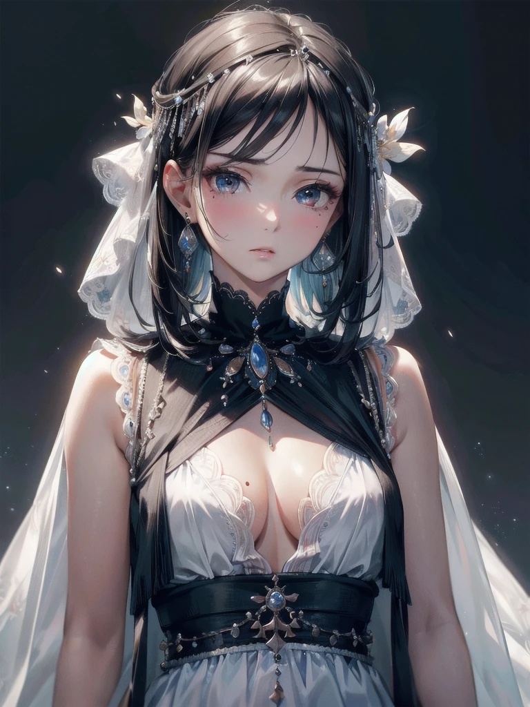 absurdres, RAW photo, extremely delicate and beautiful, masterpiece, Best Quality, ultra high resolution, 32k, hyperrealistic, ultra-detailed, delicate facial features, beautiful detailed woman, tearful mole, earring, medium , full body shot, medium hair, black hair, solo, alone, (Tribe poncho),