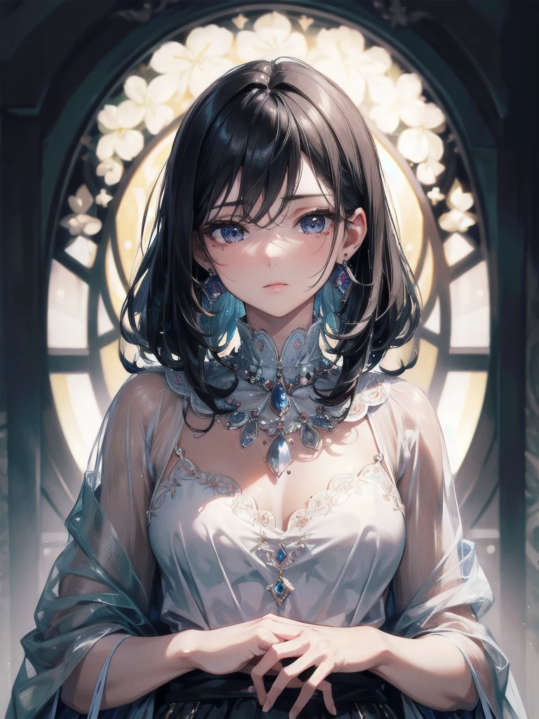absurdres, RAW photo, extremely delicate and beautiful, masterpiece, Best Quality, ultra high resolution, 32k, hyperrealistic, ultra-detailed, delicate facial features, beautiful detailed woman, tearful mole, earring, medium breasts, full body shot, medium hair, black hair, oversized clothes,
