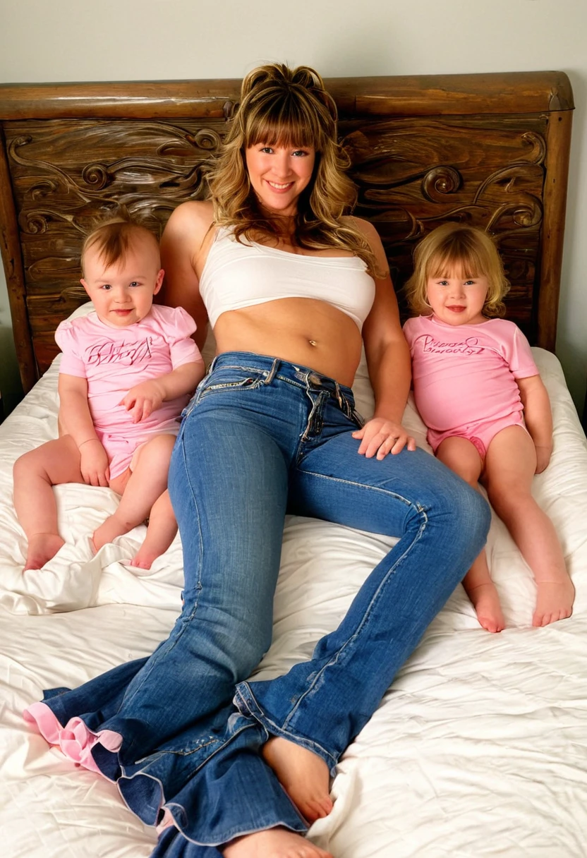 Chelsea Charms with wavy hair with bangs in jeans with flounce posing on a bed with her five 's