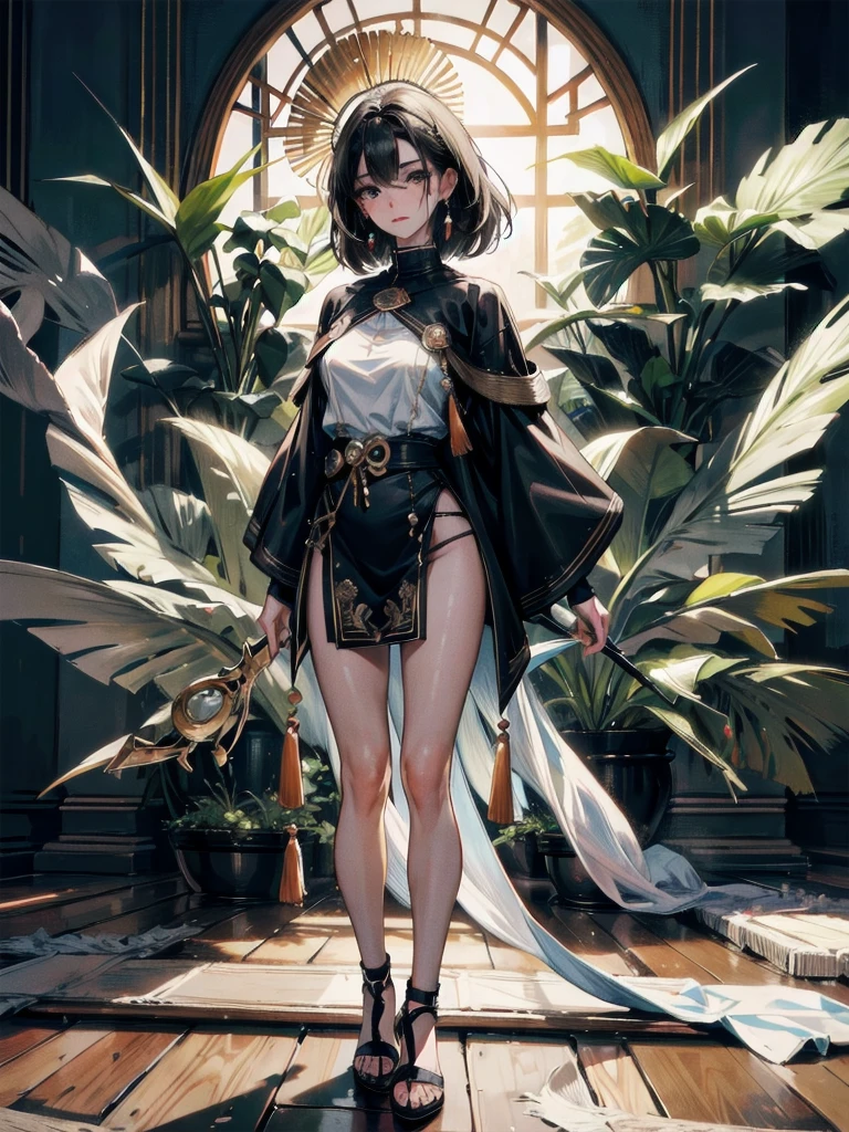 absurdres, RAW photo, extremely delicate and beautiful, masterpiece, Best Quality, ultra high resolution, 32k, hyperrealistic, ultra-detailed, delicate facial features, beautiful detailed woman, tearful mole, earring, medium breasts, full body shot, medium hair, black hair, solo, alone, (Tribe poncho),