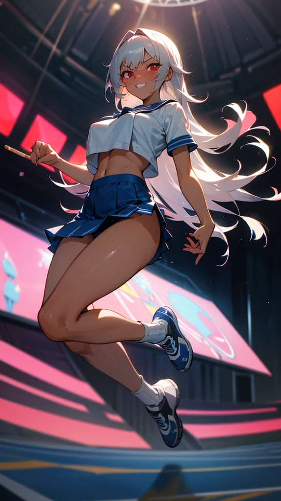 ((Highest quality)), ((masterpiece)), (detailed), (nsfw), image of anime video game character dressed in an outfit with a short skirt, 1girl, cheerleader, underwear, bike shorts, skirt, 独奏, breasts, black bike shorts, standing on one leg, open mouth, crop top, underboob, standing, pleated skirt, hair ornament, split, blush, thigh strap, black skirt, looking at viewer, multicolored hair, cameltoe, sweat, playground