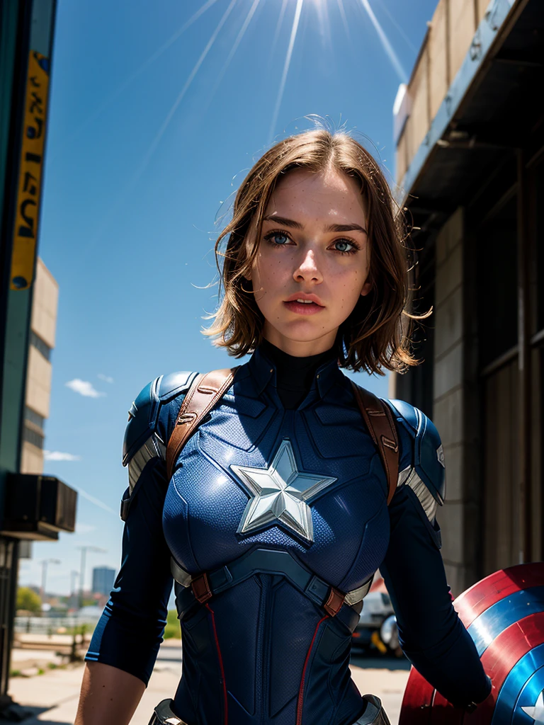 (1girl:1.3), solo, __body-parts__, official art, unified 8k wallpaper, super detailed, beautiful and aesthetic, beautiful, masterpiece, best quality, raw, masterpiece, super fine photo, best quality, super high resolution, photorealistic realism, sunlight, full-body portrait, amazing beauty, dynamic pose, delicate face, vibrant eyes, (from the front), she wears a futuristic Captain America jersey, blue color scheme, (holding a shield), A capital A on chest, very detailed abandoned warehouse background, detailed face, detailed complex busy background, messy, gorgeous, milky white, highly detailed skin, realistic skin details, visible pores, sharp focus, volumetric fog, 8k uhd, DSLR camera, high quality, film grain, fair skin, photo realism, lomography, huge metropolis in future dystopia, seen from below, translucent