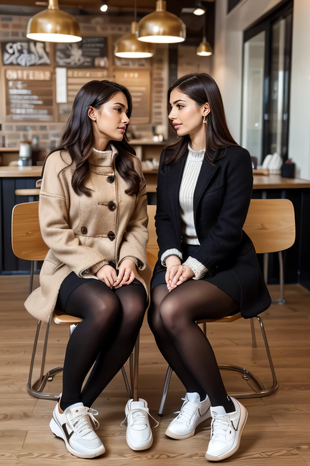 high quality,16K:1.1),(, Two women sitting on chairs in a coffee shop)sit facing each other across a desk、We are chatting、Full Body Shot:1.2),(),bionde、ear piercing、smile、Beautiful teeth alignment、((coat、sweater、Knee-length skirt、tights、sneakers)), ,(View your audience:1.3),Coffee shop in the background