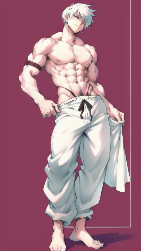 full body in image, masculine pose, unique hair, full man, white harem pants, male body, slender body, short hair, full body, hot body, sexy male body, dinamic pose, six patch. detalied pose, body, simple background, expressive face, focus on face, line art, sketch
