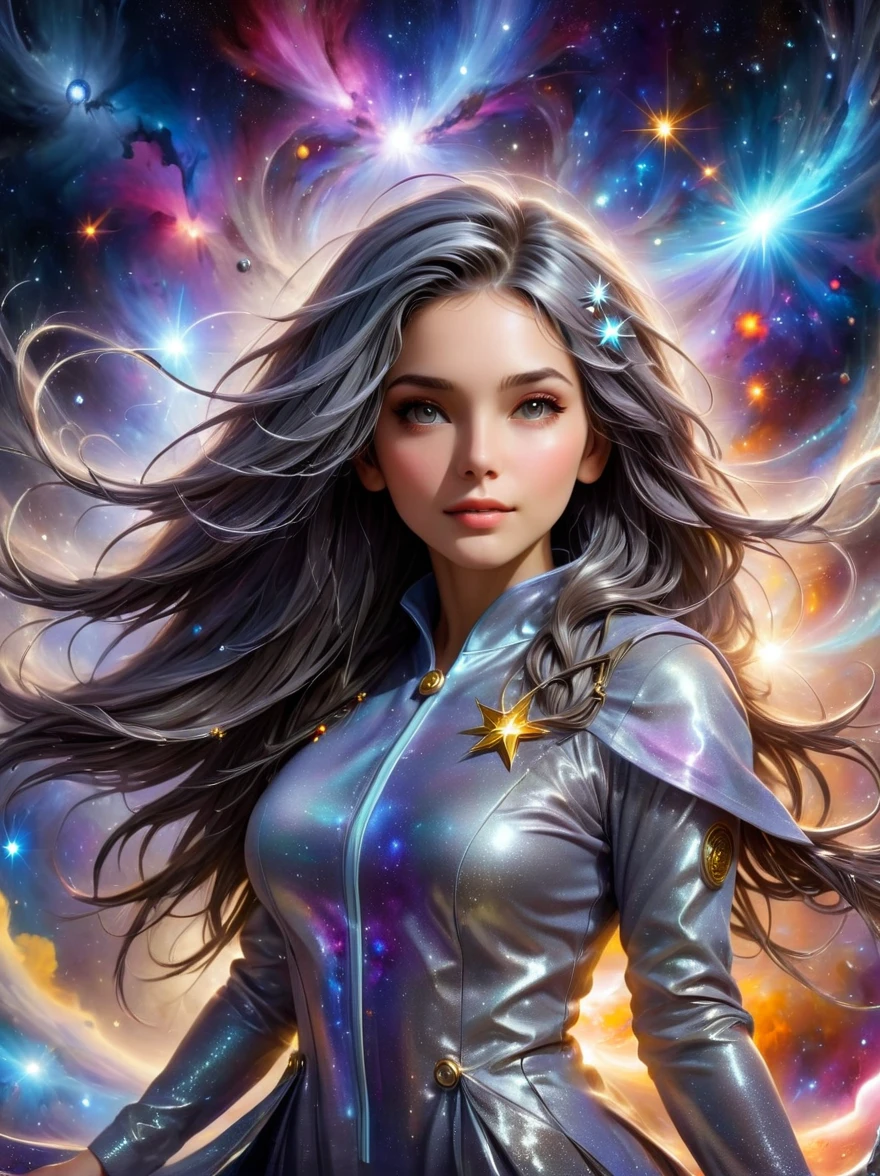 (masterpiece, best_quality, ultra-detailed, immaculate:1.3), epic, illustration, welcoming, 1girl, Astrologer, dark silver hair, Micro Braids, casting spell, in a  nebula, in a messy nuclear fusion plant, bombshell hair, bright brown hair, medium hair, star hands