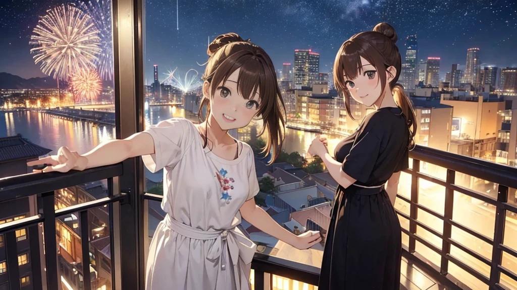 (Very detailed,High resolution,masterpiece:1.2)Japanese、Balcony of a high rise apartment・Balcony、Night view, Starry Sky、milky way、Light brown hair. Big fireworks、No sleeve、Short sleeve tops、(Highest quality:1.2), 20~40-year-old woman、Small breasts、Very detailedな, High resolution, masterpiece:1,2, Vivid and colorful,, Professional Lighting, Physically Based Rendering, Flat Color:0.8, Detailed illustrations, realism:1.37, Makoto Shinkai style, Your name style, Light brown hair, Elegant update,ponytail, Bun Hair。, Laugh together, Selfie, Full body older sister、。I love you 、、The whole body is visible、Anime Drawings、。The whole body is visible、A group of several people