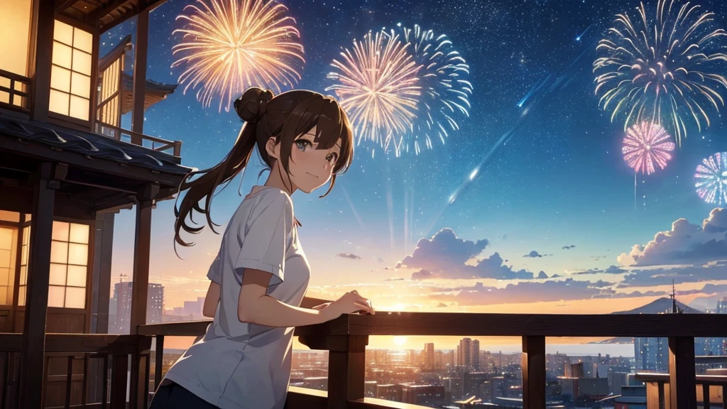 (Very detailed,High resolution,masterpiece:1.2)Japanese、Balcony of a high rise apartment・Balcony、Night view, Starry Sky、milky way、Light brown hair. Big fireworks、No sleeve、Short sleeve tops、(Highest quality:1.2), 20~40-year-old woman、Small 、Very detailedな, High resolution, masterpiece:1,2, Vivid and colorful,, Professional Lighting, Physically Based Rendering, Flat Color:0.8, Detailed illustrations, realism:1.37, Makoto Shinkai style, Your name style, Light brown hair, Elegant update,ponytail, Bun Hair。, Laugh together, Selfie, Full body older sister、。I love you 、、The whole body is visible、Anime Drawings、。The whole body is visible、A group of several people