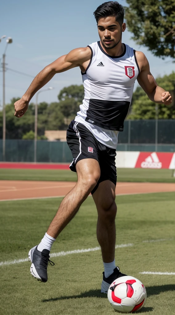 guy, athletic build, Peruvian nationality, happy. in motion, one leg Keepie uppie lower legs with ball, one leg standing straight on the ground, full-length, wearing a white sleeveless T-shirt and black shorts, excellent quality, photo, excellent detail, high quality, , realistic, photography, realism, side view