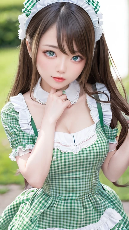 Angelic very beautiful cute young girl,
Beautiful detailed eyes, ( yo:1.2),
Detailed double eyelids,
(Soft Saturation: 1.3),
(Fair skin: 1.3),v-line jaw,
(Large eyes:1.4),
Long straight brown hair,
see-through bangs,
Sharp Focus,
beautiful detailed face and eyes,
drooping eyes,
small straight nose,
small mouth,
happy smiling with visible teeth, 85mm lens, F/8.0,BREAK (green gingham maid costume :1.5),Walking,Brown hair ,(Costumes with strong reflective surfaces:1.3),(lift skirt:1.2),panty,
(Best Quality:1.2),(Maid costume:1.4),
Raw photo,
High resolution,
perfect detail,
Professional Photography,
Professional Lighting,
Powerful lighting of the costume,In the street